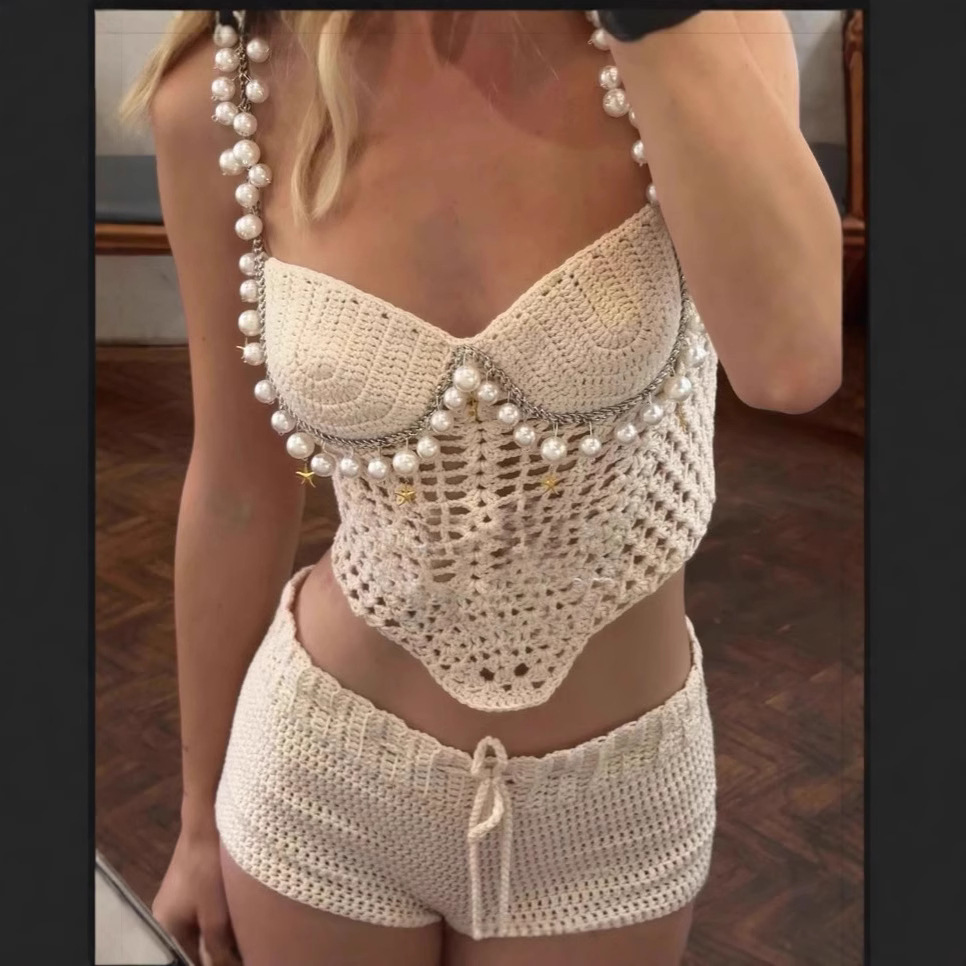 Crop Top Crochet - เซ็กซี่ประดับด้วยลูกปัดโครเชต์ Crop เสื้อกั๊กกางเกงขาสั้นชุดผู้หญิง Slim Hollow Out