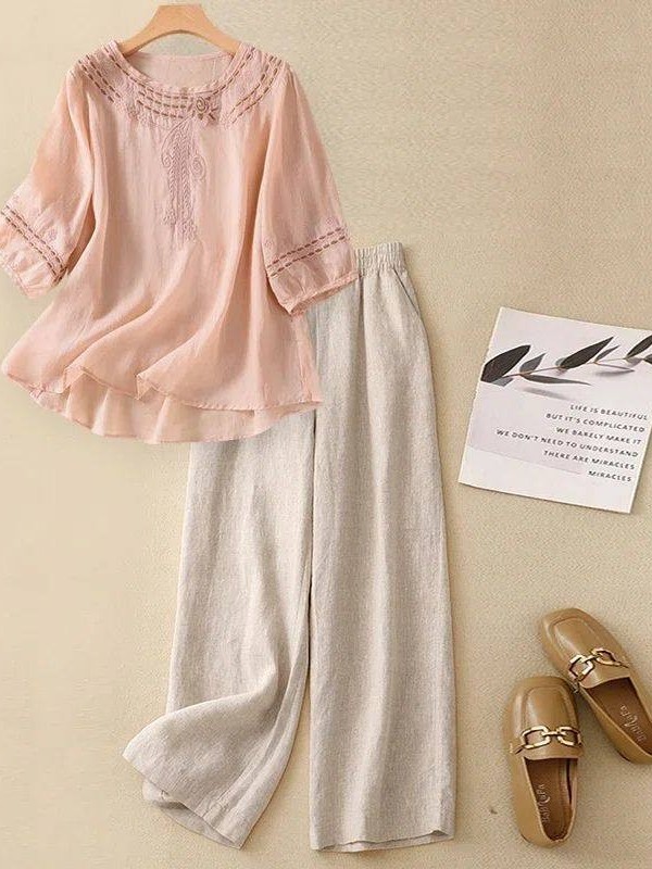Linen Pant Wide - ชุดผ้าฝ้ายลินินคุณภาพสูงสำหรับผู้หญิง แฟชั่นฤดูร้อน เสื้อปักลาย กางเกงขายาวทรงกว้าง ชุดสองชิ้น ระบายอากาศได้ดี