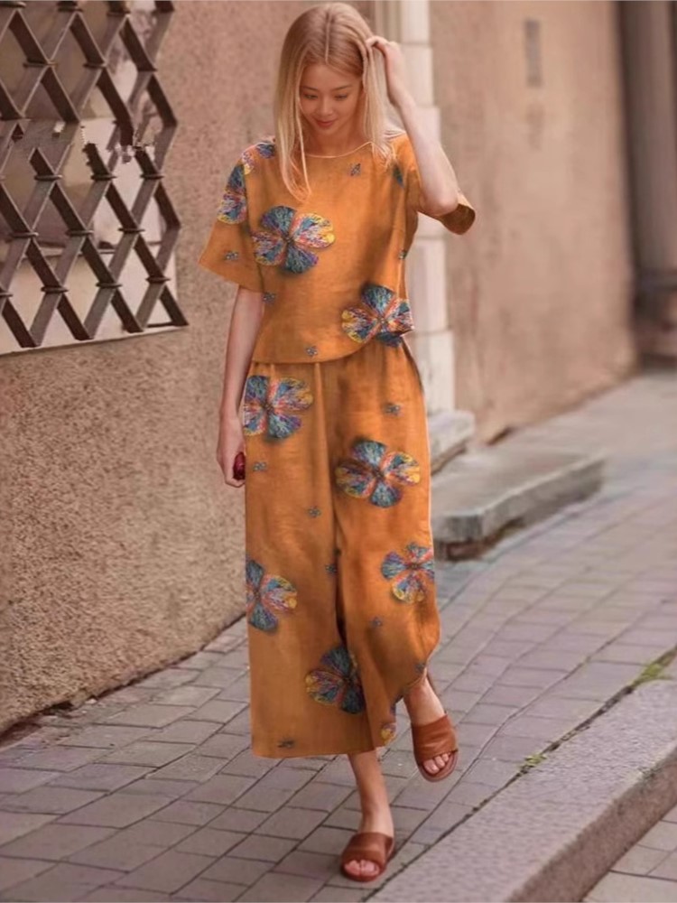 Linen Pant Wide - 2025 ฤดูใบไม้ผลิฤดูร้อนใหม่ PLUS ขนาด 2 ชิ้นชุดผู้หญิงผ้าลินิน