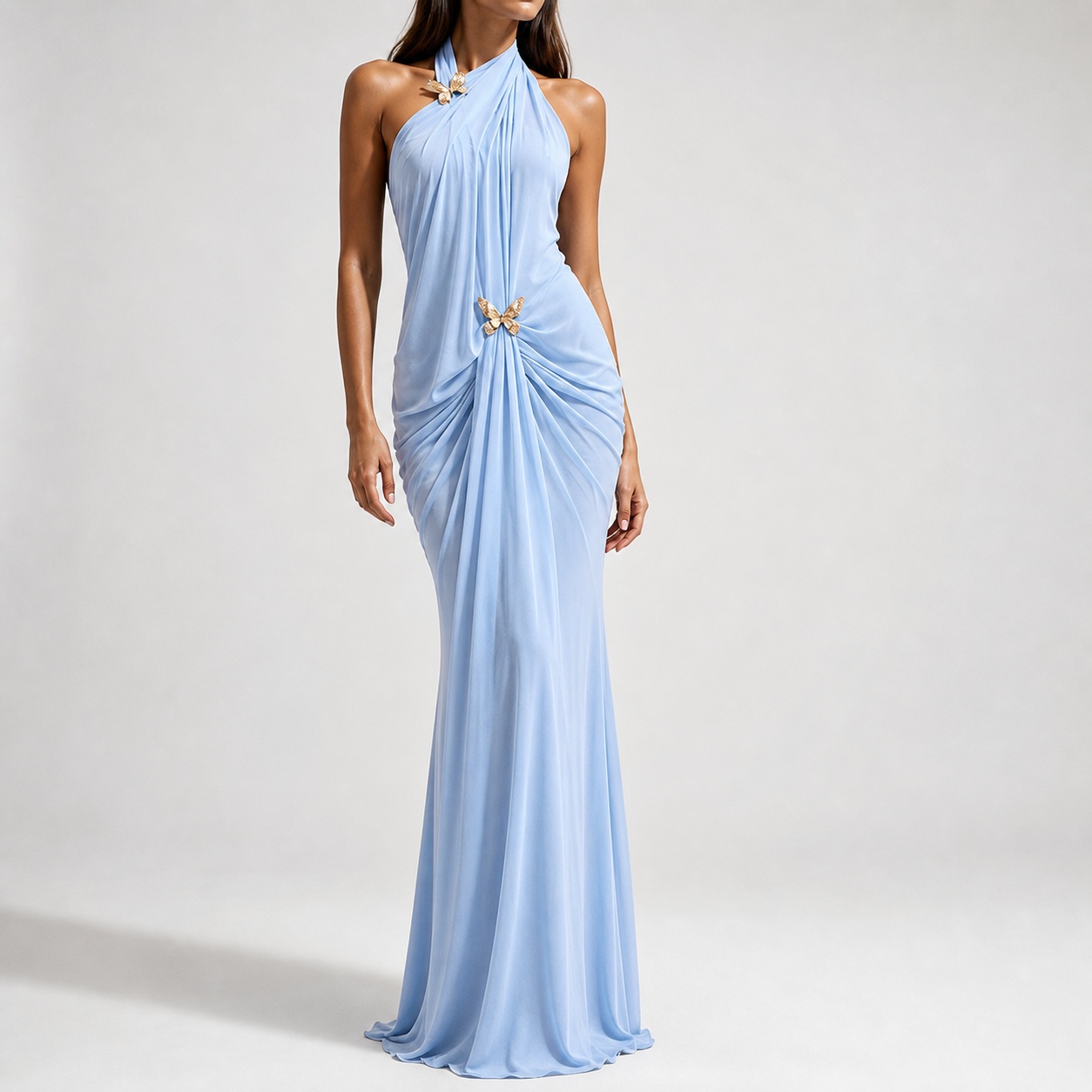 Maxi Dress Halter - ชุดเดรสยาวทรงเข้ารูปสำหรับผู้หญิง ดีไซน์หรูหรา เปิดไหล่ คอผูก ไร้แขน เอวสูง