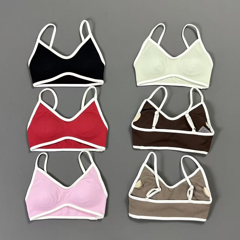 Crop Top Crochet - เสื้อชั้นในโยคะแบบมีสายรัดคอวีสีขาวขอบบางไร้โครงเสริมฟองน้ำสำหรับออกกำลังกายทุกวัน ฟิตเนส ครอปท็อป