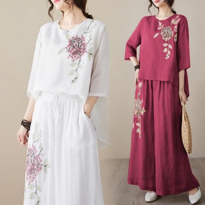 Linen Pant Wide - ชุดเซ็ตสองชิ้นผ้าลินินผ้าฝ้ายสำหรับผู้หญิง เสื้อปักลาย กางเกงขายาวทรงหลวม ชุดลำลองสำหรับคุณแม่ ใส่สบายๆ ในชีวิตประจำวัน