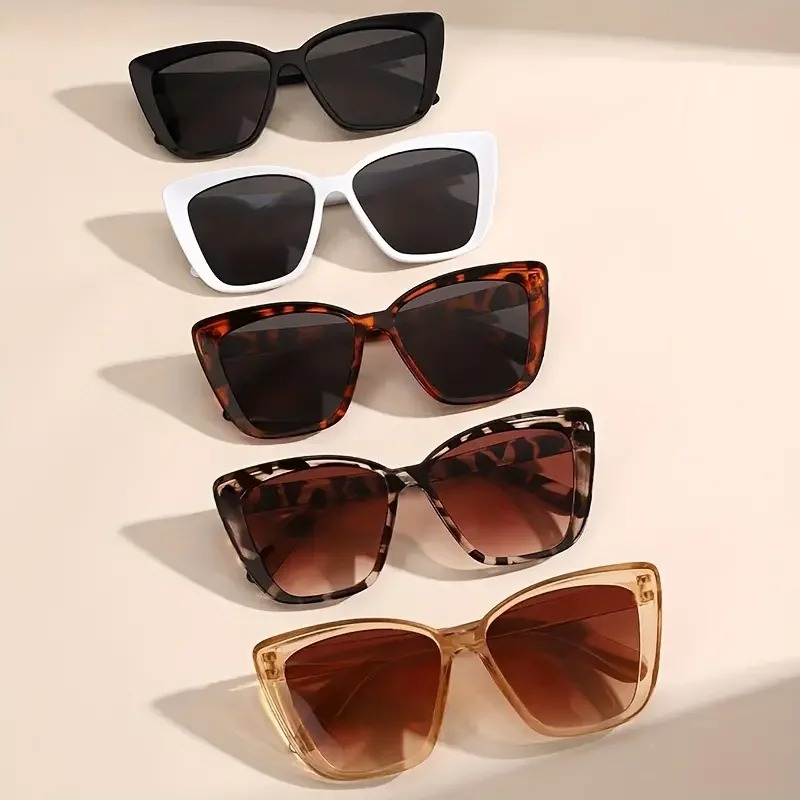 Sunglasses Cat Eye - แว่นกันแดดทรงแคทอายวินเทจสำหรับผู้หญิง 5 ชิ้น กรอบพลาสติกสไตล์สตรีทอินเทรนด์สำหรับการเดินป่ากิจกรรมกลางแจ้งแว่นตา