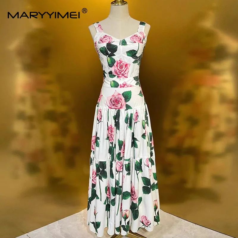 Romper Floral Print - MARYYIMEI ชุดแฟชั่นพิมพ์ลายดอกไม้สำหรับผู้หญิง เสื้อสายเดี่ยวคอหวาน+ชุดกระโปรงทรงเอไลน์ 2 ชิ้น