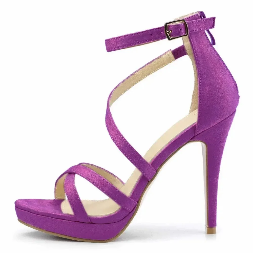 Sandal Strappy Heeled - รองเท้าส้นสูงผู้หญิงแบบเปิดนิ้วเท้า ส้นเข็ม 11 ซม. ผ้ากำมะหยี่ สายรัดข้อเท้า