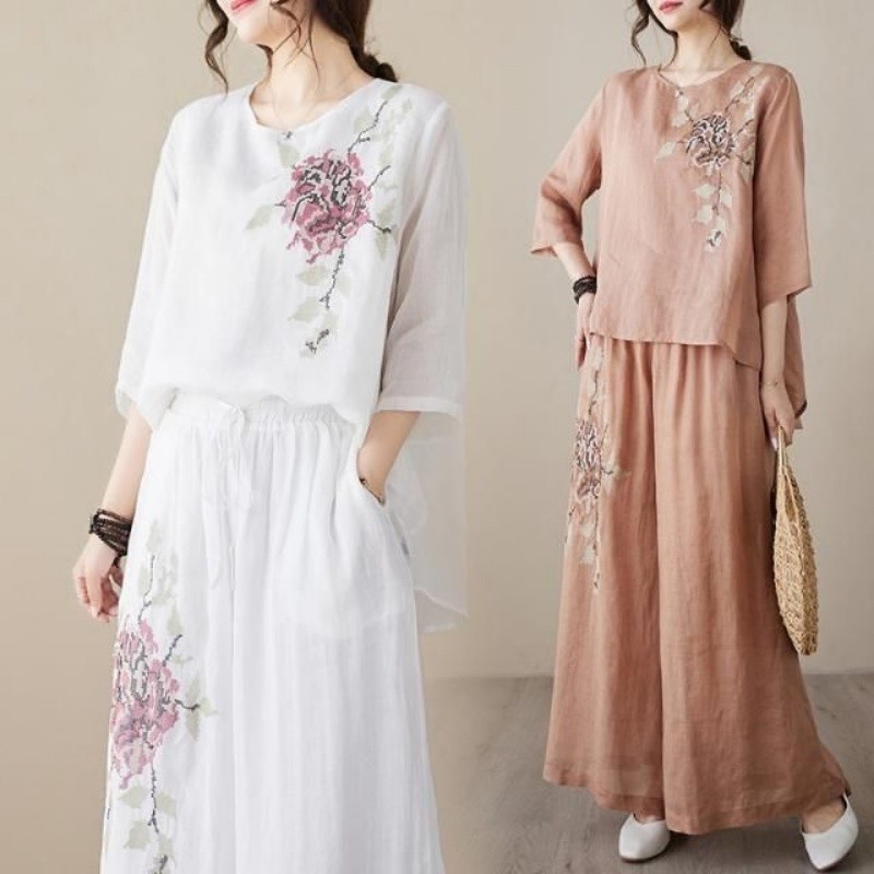 ชุดเซ็ตสองชิ้นผ้าลินินผ้าฝ้ายส - Linen Pant Wide บทวิจารณ์และราคา